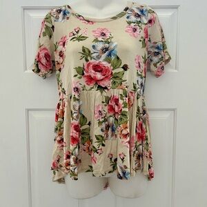 Andree by Unit Blouse Top Size Small Floral Short Sleeve Babydoll Peplum